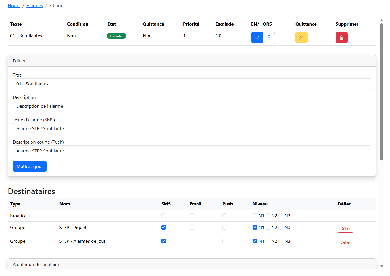 Configuration alarme